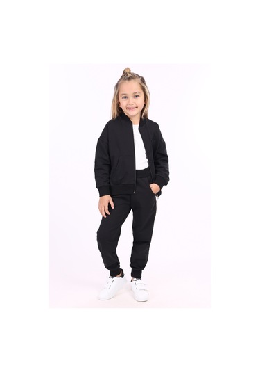 Toontoy Kız Çocuk Fermuarlı Kanguru Cepli Eşofman Takım Siyah