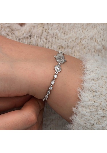 Artsmagazinmücevher Gümüş Zirkon Taşlı Fatma Ana Eli Kadın Bileklik