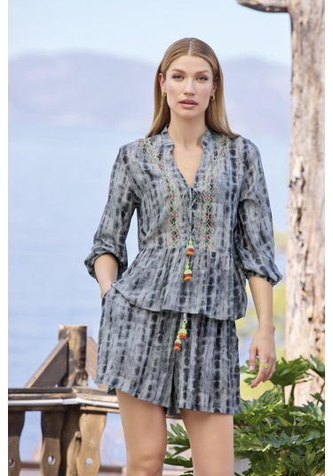 Monamise Kadın Desenli Truvakar Kollu V Yaka Alt Üst Takım 25044 Gri