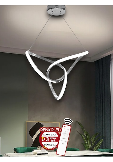 Kumandalı 3 Renk Işıklı Modern Sarkıt Led Avize Krom Kasa Salon, Krom