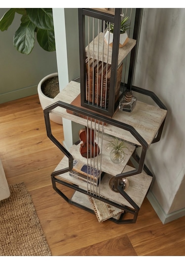 Gitar Ünite Metal Raflı Kitaplık Traverten Mdf
