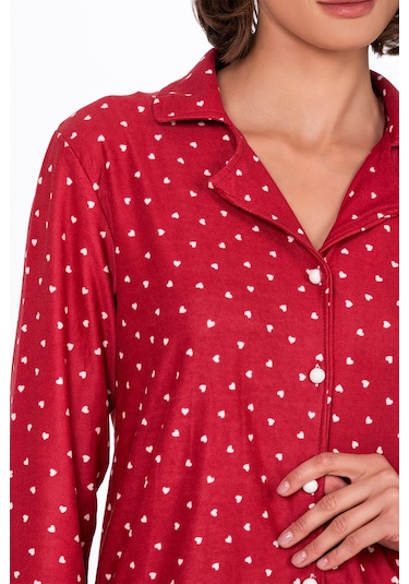 Kadın Süet Önden Düğmeli Pijama Takımı Kalpli Kırmızı Kırmızı - Beyaz