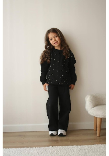 Kız Çocuk Siyah 3 İplik Şardonlu Takım Yıldız Desenli Sweatshirt & Rahat Eşofman Altı Siyah