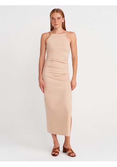 Dilvin 91502 Halter Yaka Midi Elbise-bej Bej