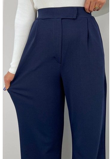 Kadın Likralı Cırt Kapama Lacivert Geniş Paçalı Rahat Palazzo Pantolon Lacivert