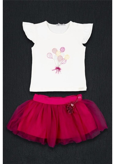 Kız Bebek Pembe Beyaz Tişört Tüllü Şort Mevsimlik Takım Pembe