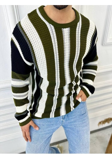 Kazak Oversize Renkli Örgü Desenli Naturel Pamuk Bol Kesim Salaş Triko Kazak Siyah