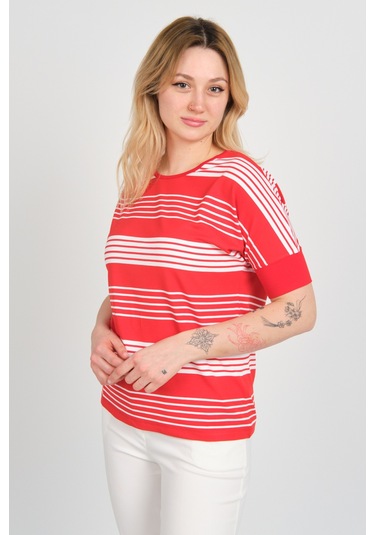 Sistas Kadın Kol Uçları Likralı Çizgili Kısa Kol Bluz 24201 Kırmızı Kırmızı
