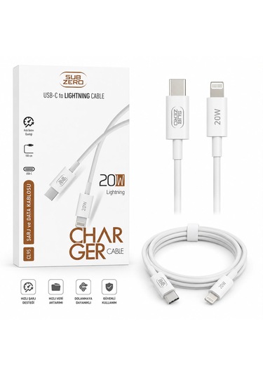 Sub Zero Cl95 Usb-c To Lightning 20w Hızlı Şarj Ve Data Kablosu 1 Metre Beyaz