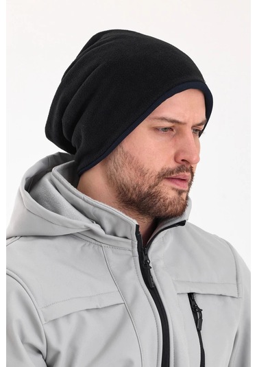 Erkek Siyah Polar Dış, Kahve Pamuklu Iç Kısım, Çift Renk Çift Katmanlı Katlanabilir Yumuşak Bere - Standart / Siyah-lacivert Siyah-lacivert