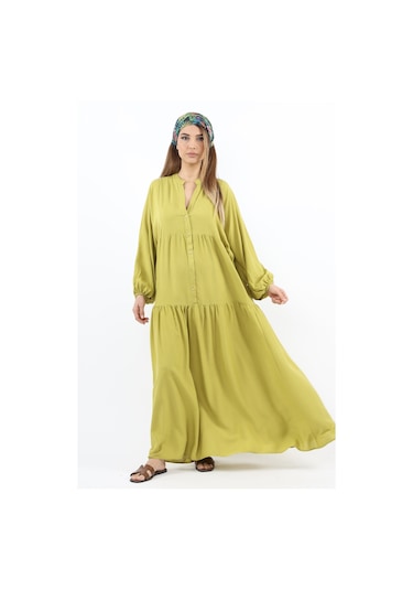 Prive Kadın Base %100 Viskon Yağ Yeşili Maksi Boy Yazlık Elbise Yağ Yeşili