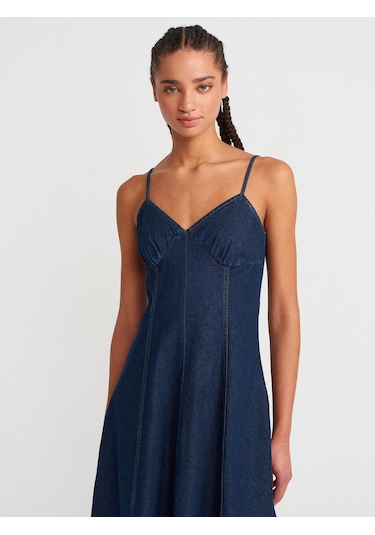 Dilvin 90549 Askılı Denim Midi Elbise-lacivert Lacivert