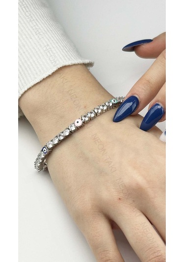 Bileklik 39, Su Yolu, Nazarlı, Zirkon Taşlı, Zincir Bileklik, Gümüş Renk Gümüş