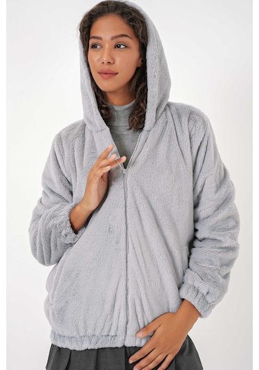 Gabria Kapüşonlu Pelüş Mont Açık Gri