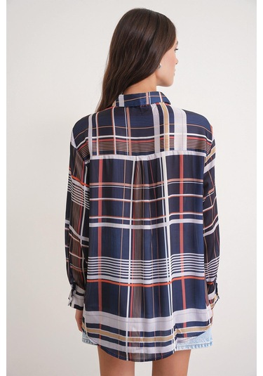 4751 Kadın Ekose İnce Saten Gömlek Lacivert Lacivert