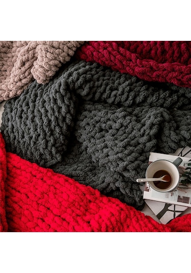Sones El Yapımı Kalın Yün Örgü Battaniye Kanepe Şönil Çubuk Örgü Battaniye, Boyut: 80 X 100 Cm Şarap Kırmızısı