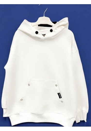 Çocuk Çıtçıt Detaylı Kapüşonlu Pamuklu Sweatshirt-14837 Ekru