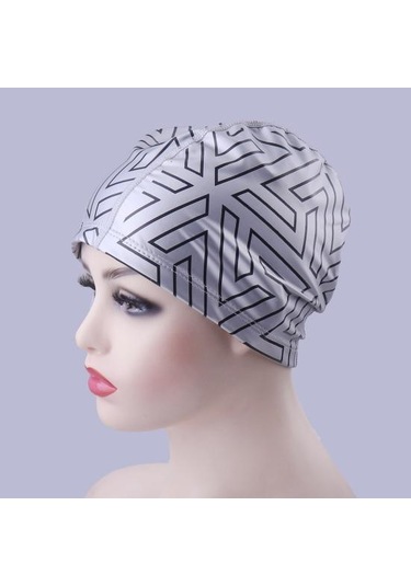 Beyaz Geometrik Baskı Daralan Trim Rahat Unisex Yüzme Şapkası Yetişkin Kulak Koruyucu Yüzme Havuzu Şapka Yüzme Aksesuarları Beyaz