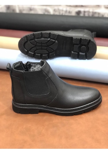 Derilax Hakiki Deri Ortopedik Büyük Numara 45-46-47 Kürklü Kışlık Erkek Bot Siyah