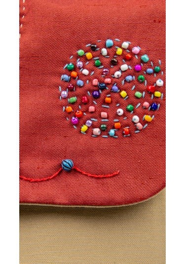 Fabric Craft Bag Sırt Çantası Kumaş Boho Nakışlı Koyu Bej - Bordo