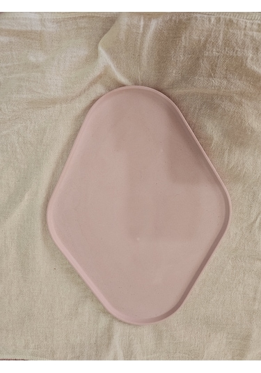 Taş Tozu El Yapımı Nişanlık Sunumluk Ve Mumluk Oval Dörtgen Tepsi Şık Dekoratif Tasarım 30x23 Cm - Pembe Pembe