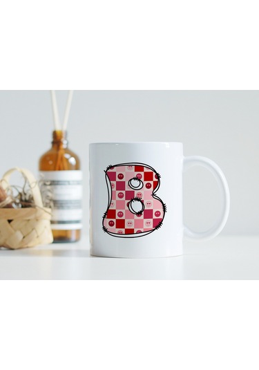 B Harfi Pembe Kareli Kalpli Göz Emojili Kupa Bardak Eğlenceli Kareli Tasarım Kahve Çay Kupası 07 Beyaz