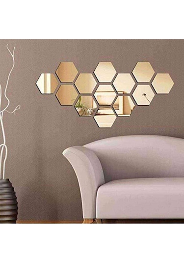 Altıgen Bal Peteği 12'li Aynalı Gold Pleksi Duvar Dekorasyon Ürünü