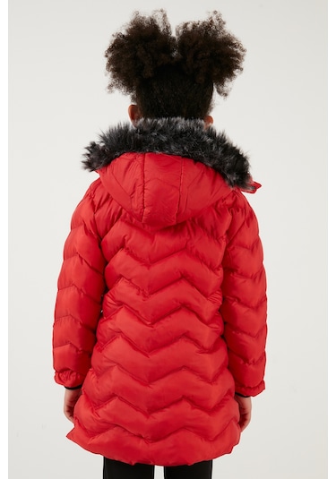 Lela  Peluş Astarlı Yakası Suni Kürklü Çıkarılabilir Kapüşonlu Kışlık Kız Çocuk Mont 5766041 Kırmızı