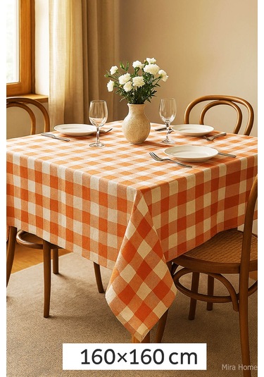 Mira Home Kareli Masa Örtüsü Sofra Bezi 160x160 Cm Happytime Turuncu