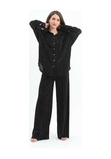 Düğme Detaylı Örme Pilise Takım - Siyah-siyah Siyah