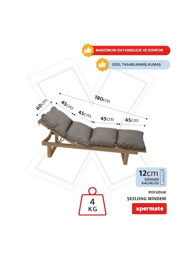 Xpermate Pofuduk Şezlong Minderi 60x180x12cm Su İtici, Antrasit