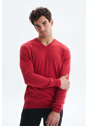 Arma Erkek Slim Fit Likralı Pamuklu Örme V Yaka Triko Kazak K0kro0854 Kırmızı
