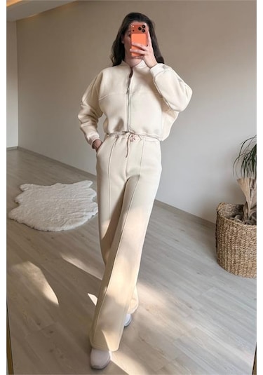 Neşeli Butik Kadın Oversize 3 İplik Cepli Eşofman Takımı Nm029 Bej