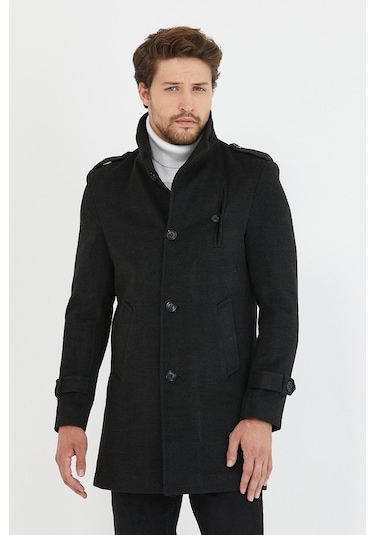 Erkek Antrasit Dar Kesim Dik Yaka Uzun Kaşe Kaban-Antrasit