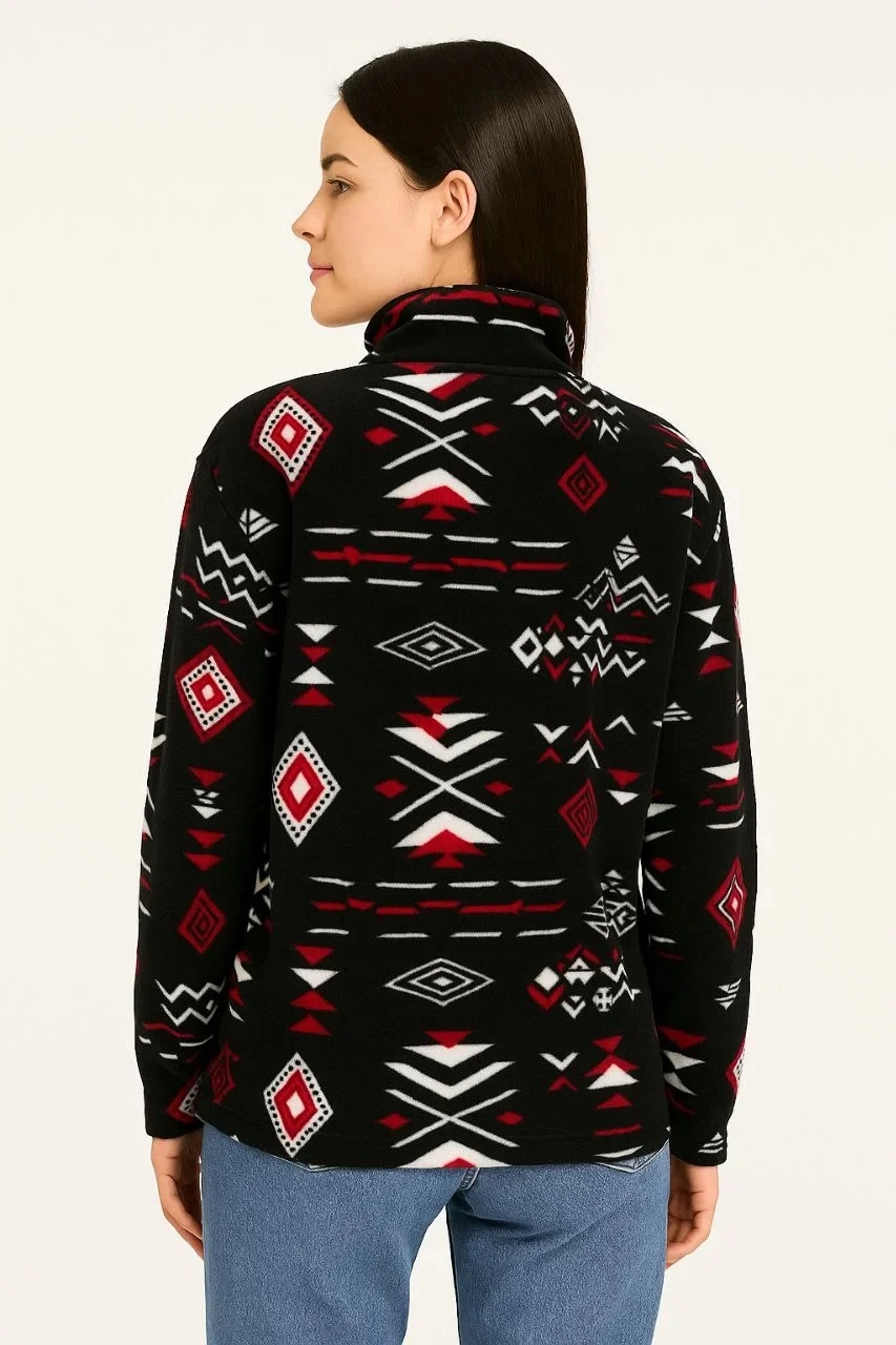 Kadın Yarım Fermuarlı Desenli Polar Sweat Tribal Etnik Desen Yakalı, Uzun Kollu, Oversize Rahat Kalı Siyah