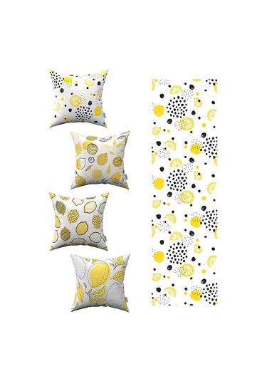 Beyaz Sarı Limon Desenli 4'lü Kırlent Kılıfı 1 Runner Seti 4kmbs91-rs-03