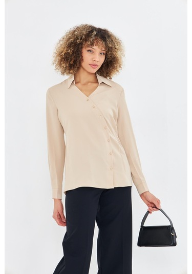 Asimetrik Pile Detay Gömlek Bej Bej