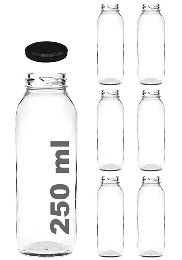 6 Adet 250 Ml Beslenme Şeffaf Meyve Suyu, Meşrubat, Limonata Şişesi Metal Kapaklı 250 Cc Şişe Siyah