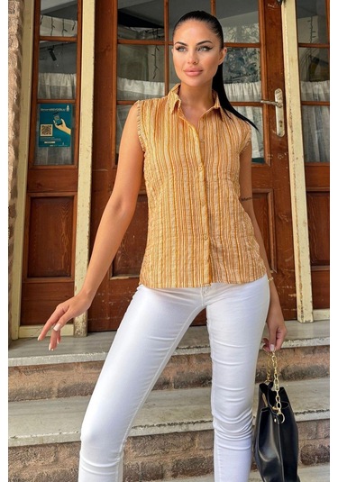 Kadın Hardal Çizgili Desen, Dokulu Bodrum Kumaş, Kolsuz Rahat Gömlek HARDAL