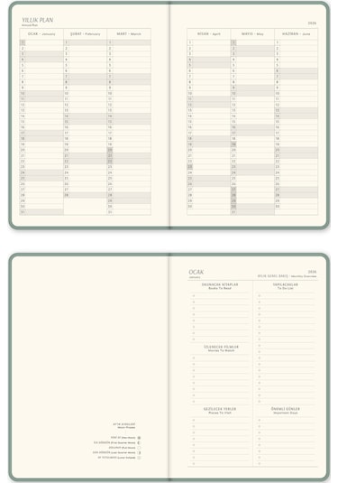 2026 A5 Keten Haftalık Ajanda 12 Aylık Yeşil Yeşil
