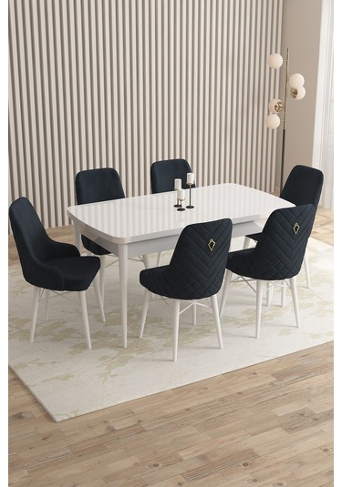 Mazaka Beyaz 80x132 Açılabilir Mdf Masa Yemek Odası Takımı, Mutfak Takımı 6 Adet Sandalye Antrasit