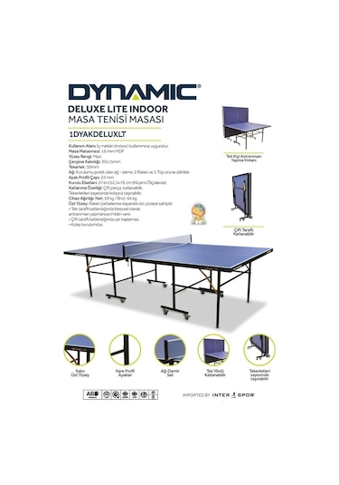 Dynamic Delux Lite Indoor Masa Tenisi Masası - 16mm 2 Raket 3 Top Ağdemir Set