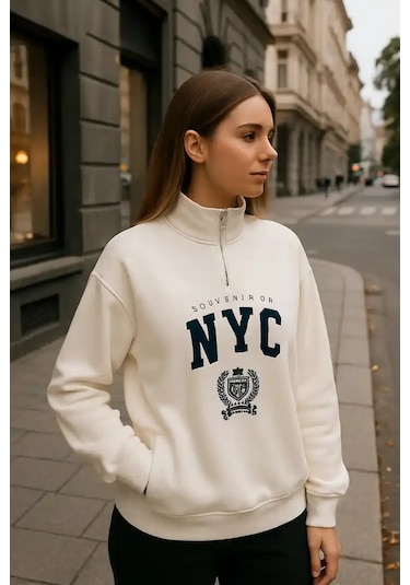 Önü Fermuarlı Nyc Baskılı Sweat Ekru