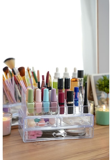 Vivart Şık Tasarım Büyük Boy 3 Çekmeceli Makyaj Ve Kozmetik Düzenleyici Organizer Set Şeffaf Beyaz