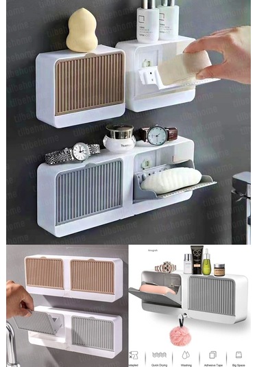 2 Bölmeli Yapışkanlı Duvara Monte Mutfak Banyo Katı Sabunluk Gri