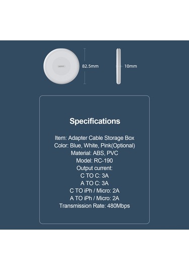 Symbee Remax Rc-190 Mavi 60w Çok Fonksiyonlu Şarj Kablosu Saklama Kutusu - 3a Akım, 480mbps Transfer, Çoklu Arayüz Abs+pvc