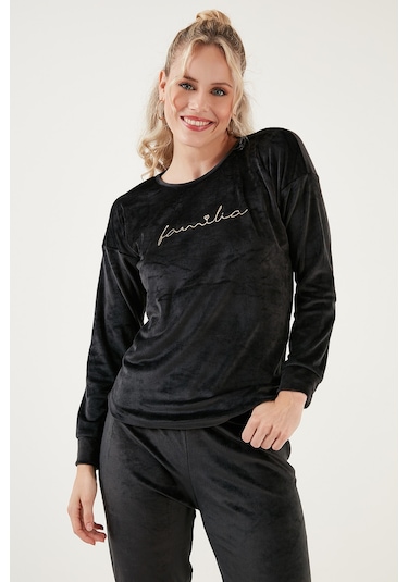 Lela Regular Fit Yumuşak Dokulu Kadife Bayan Pijama Takımı 6094200W4 Siyah