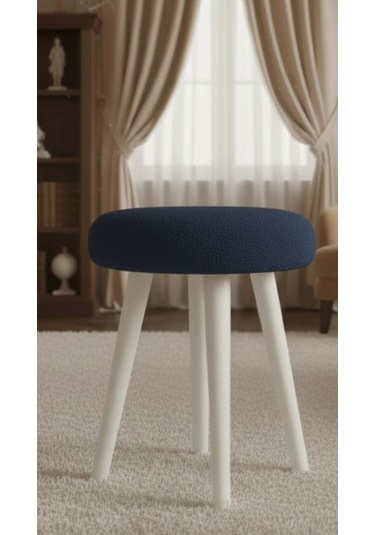 Gürgen Ahşap Retro Ayak Dekoratif Beyaz Pelüş Puf Tabure Lacivert