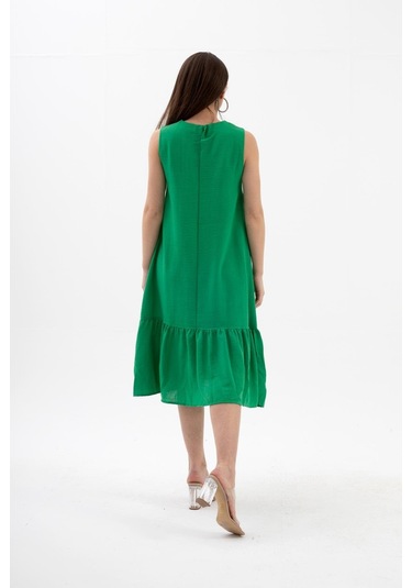 Kristal Keten Kolsuz Kadın Salaş Elbise - Yeşil-yeşil Yeşil