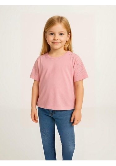Kız Çocuk Taş İşlemeli Pamuklu T-shirt-15981 Pembe